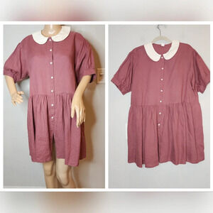 Eva Linen Peterpan Collar Puff Sleeve Button Front Mauve Mini Dress. Free Size